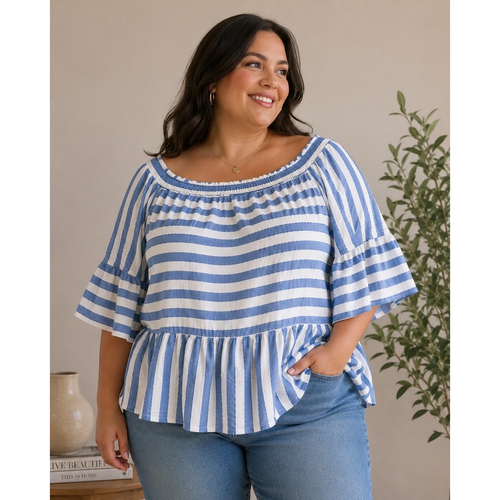 Crown & Ivy Curvy Top Womens 3X Blue Striped Off Shoulder Ruffle Peplum Cotton‎